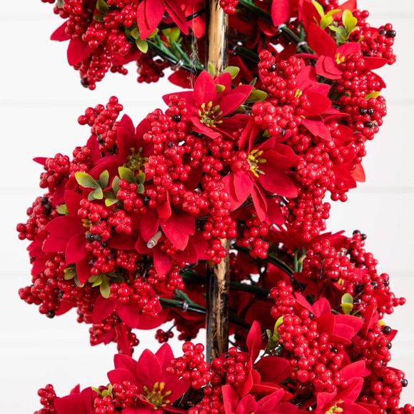 3-ft Pre-Lit Artificial Christmas Poinsettias and Berries Spiral Topiary Tree with 30 Warm White LED Lights - SKU #T5382 - 2