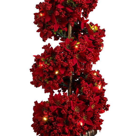 3-ft Pre-Lit Artificial Christmas Poinsettias and Berries Spiral Topiary Tree with 30 Warm White LED Lights - SKU #T5382 - 3
