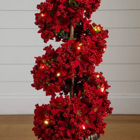 3-ft Pre-Lit Artificial Christmas Poinsettias and Berries Spiral Topiary Tree with 30 Warm White LED Lights - SKU #T5382 - 4