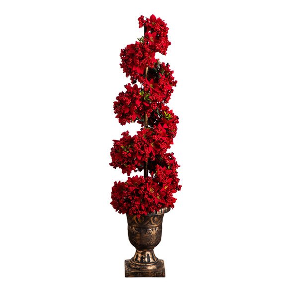 3-ft Pre-Lit Artificial Christmas Poinsettias and Berries Spiral Topiary Tree with 30 Warm White LED Lights - SKU #T5382 - 6