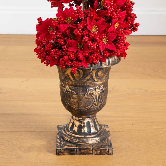 3-ft Pre-Lit Artificial Christmas Poinsettias and Berries Spiral Topiary Tree with 30 Warm White LED Lights - SKU #T5382 - 8