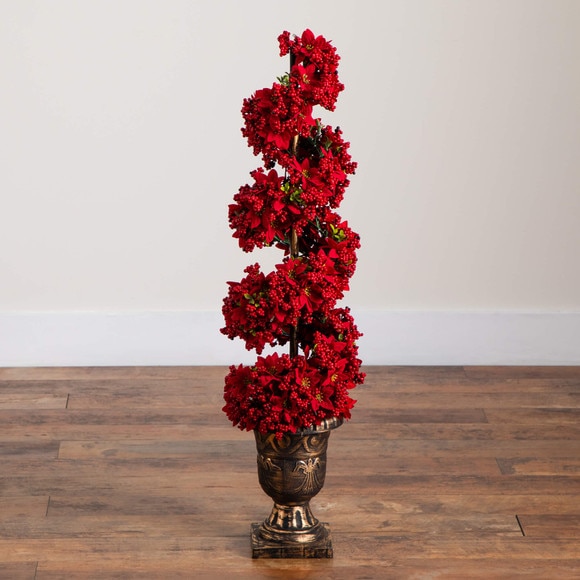 3-ft Pre-Lit Artificial Christmas Poinsettias and Berries Spiral Topiary Tree with 30 Warm White LED Lights - SKU #T5382 - 11