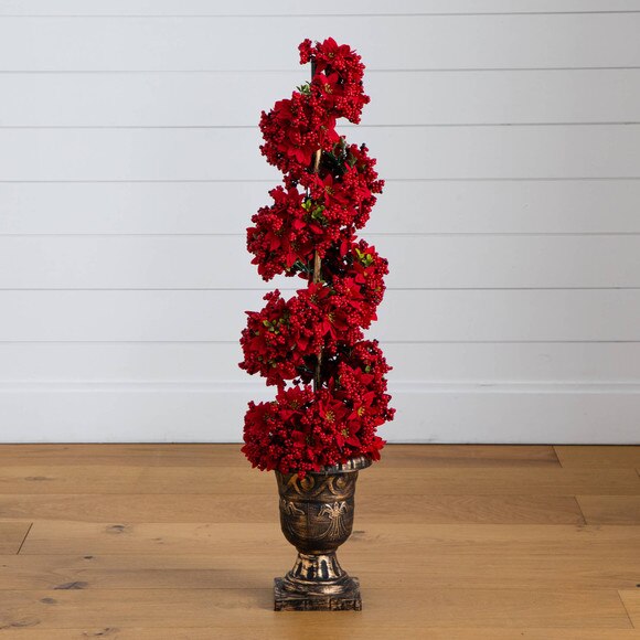 3-ft Pre-Lit Artificial Christmas Poinsettias and Berries Spiral Topiary Tree with 30 Warm White LED Lights - SKU #T5382 - 12