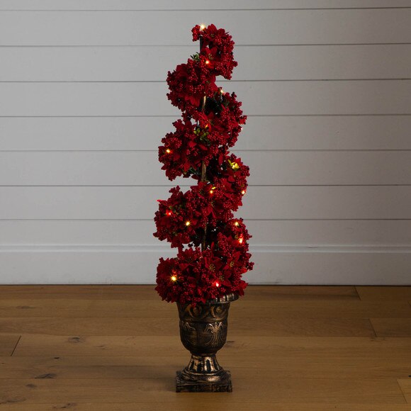 3-ft Pre-Lit Artificial Christmas Poinsettias and Berries Spiral Topiary Tree with 30 Warm White LED Lights - SKU #T5382 - 13