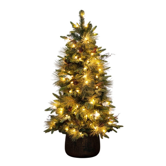 4-ft Pre-Lit Artificial Mixed Pine Snowed Christmas Tree with Pinecones in Decorative Planter with 60 Warm White LED Lights - SKU #T5386