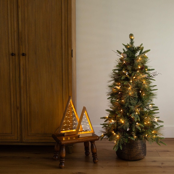 4-ft Pre-Lit Artificial Mixed Pine Snowed Christmas Tree with Pinecones in Decorative Planter with 60 Warm White LED Lights - SKU #T5386 - 9