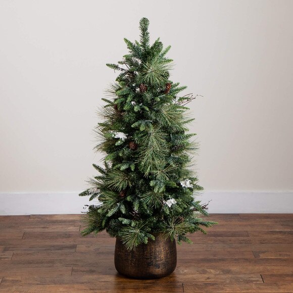 4-ft Pre-Lit Artificial Mixed Pine Snowed Christmas Tree with Pinecones in Decorative Planter with 60 Warm White LED Lights - SKU #T5386 - 11
