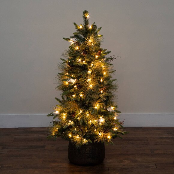 4-ft Pre-Lit Artificial Mixed Pine Snowed Christmas Tree with Pinecones in Decorative Planter with 60 Warm White LED Lights - SKU #T5386 - 12