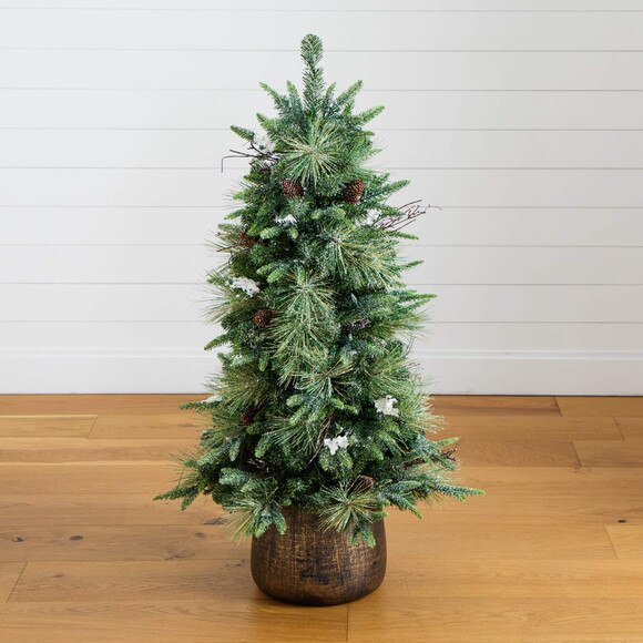 4-ft Pre-Lit Artificial Mixed Pine Snowed Christmas Tree with Pinecones in Decorative Planter with 60 Warm White LED Lights - SKU #T5386 - 13