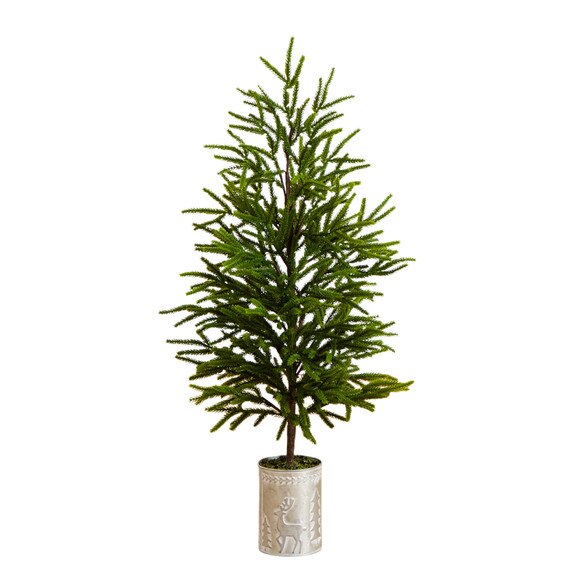 32-in Artificial Real Touch Norfolk Island Pine in Christmas Tin Metal Planter with Natural Look - SKU #T5388