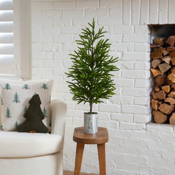 32-in Artificial Real Touch Norfolk Island Pine in Christmas Tin Metal Planter with Natural Look - SKU #T5388 - 6