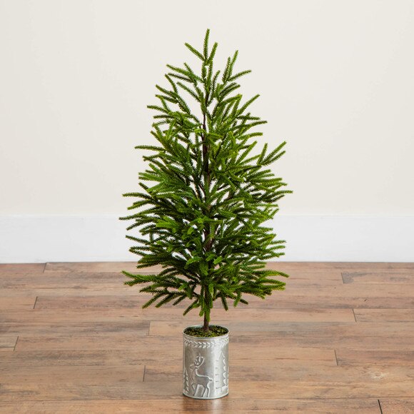 32-in Artificial Real Touch Norfolk Island Pine in Christmas Tin Metal Planter with Natural Look - SKU #T5388 - 8