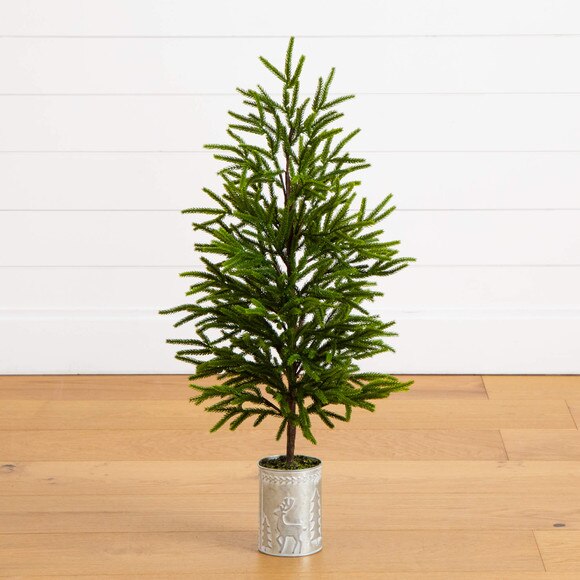 32-in Artificial Real Touch Norfolk Island Pine in Christmas Tin Metal Planter with Natural Look - SKU #T5388 - 9