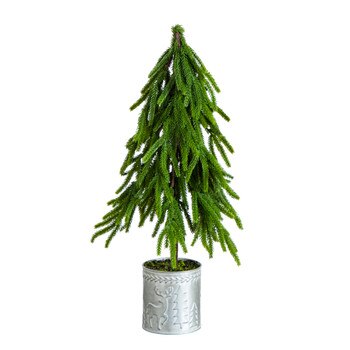 20-in Artificial Real Touch Down Swept Norfolk Island Pine in Christmas Tin Metal Planter with Natural Look - SKU #T5389