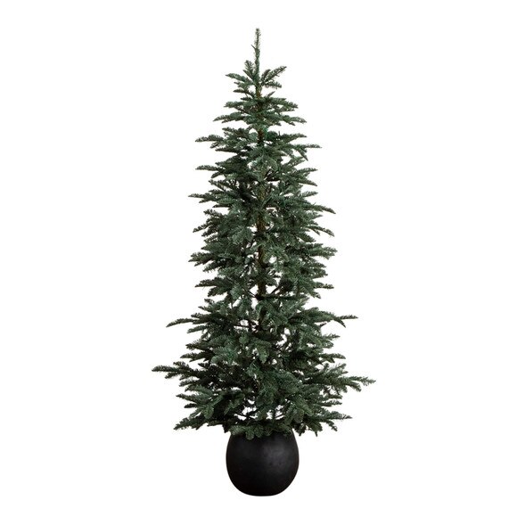 6-ft Pre-Lit Artificial Pine Christmas Tree in Round Black Decorative Planter with 60 Warm White LED Lights - SKU #T5391 - 6