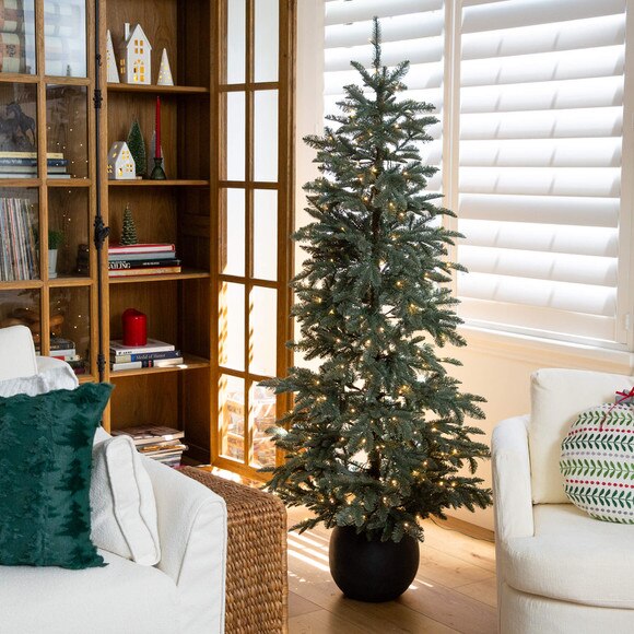 6-ft Pre-Lit Artificial Pine Christmas Tree in Round Black Decorative Planter with 60 Warm White LED Lights - SKU #T5391 - 7