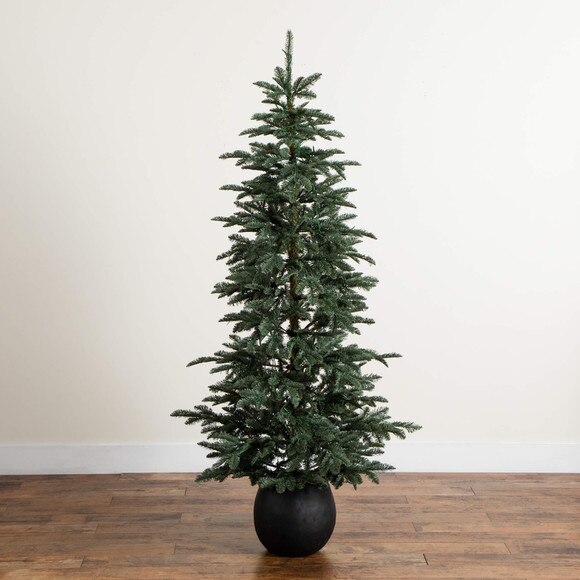 6-ft Pre-Lit Artificial Pine Christmas Tree in Round Black Decorative Planter with 60 Warm White LED Lights - SKU #T5391 - 8