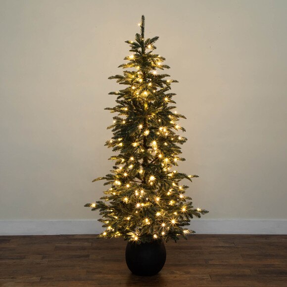 6-ft Pre-Lit Artificial Pine Christmas Tree in Round Black Decorative Planter with 60 Warm White LED Lights - SKU #T5391 - 9