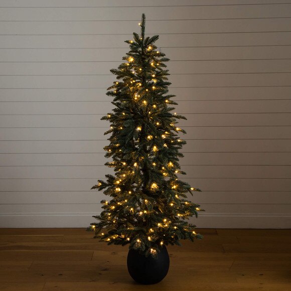 6-ft Pre-Lit Artificial Pine Christmas Tree in Round Black Decorative Planter with 60 Warm White LED Lights - SKU #T5391 - 11