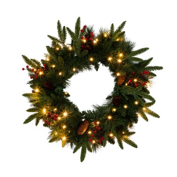 Pre-Lit Artificial Christmas Holiday 5 Piece Bundle with Pinecones Berries- Set of 2 5-ft Christmas Trees 24-in Wreath and set of 2 9-ft Garlands - SKU #T5392