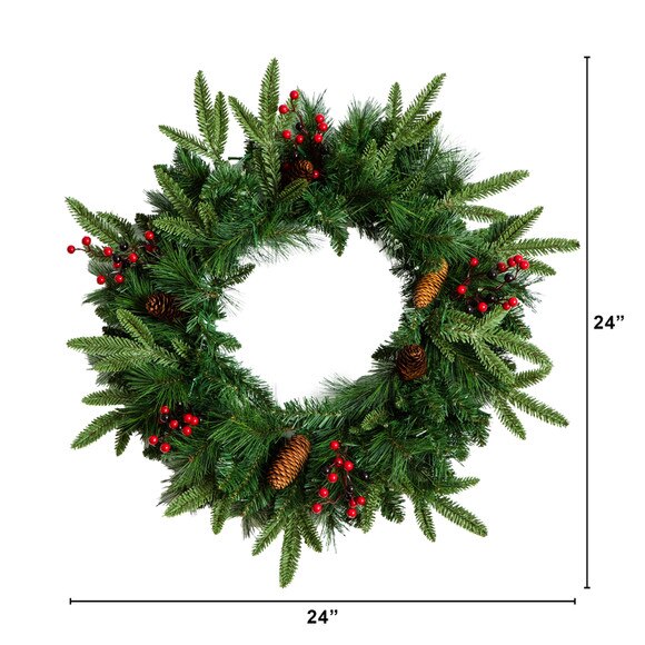 Pre-Lit Artificial Christmas Holiday 5 Piece Bundle with Pinecones Berries- Set of 2 5-ft Christmas Trees 24-in Wreath and set of 2 9-ft Garlands - SKU #T5392 - 1