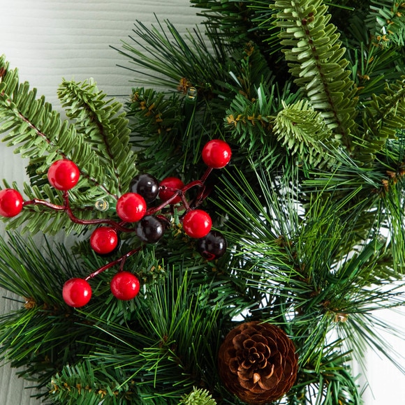 Pre-Lit Artificial Christmas Holiday 5 Piece Bundle with Pinecones Berries- Set of 2 5-ft Christmas Trees 24-in Wreath and set of 2 9-ft Garlands - SKU #T5392 - 3