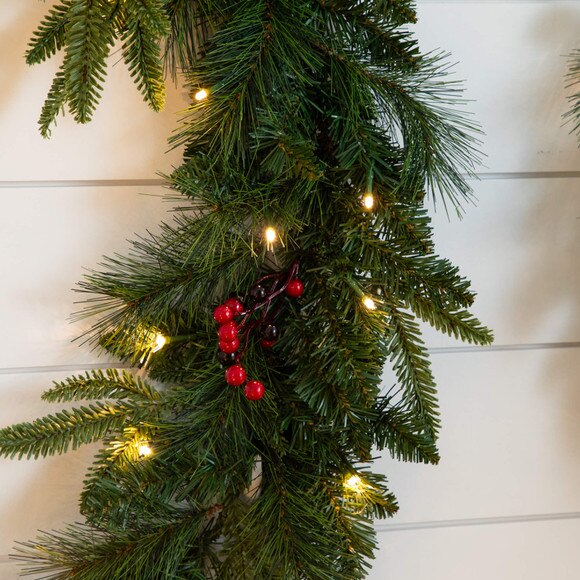 Pre-Lit Artificial Christmas Holiday 5 Piece Bundle with Pinecones Berries- Set of 2 5-ft Christmas Trees 24-in Wreath and set of 2 9-ft Garlands - SKU #T5392 - 8