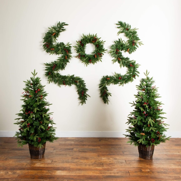 Pre-Lit Artificial Christmas Holiday 5 Piece Bundle with Pinecones Berries- Set of 2 5-ft Christmas Trees 24-in Wreath and set of 2 9-ft Garlands - SKU #T5392 - 10