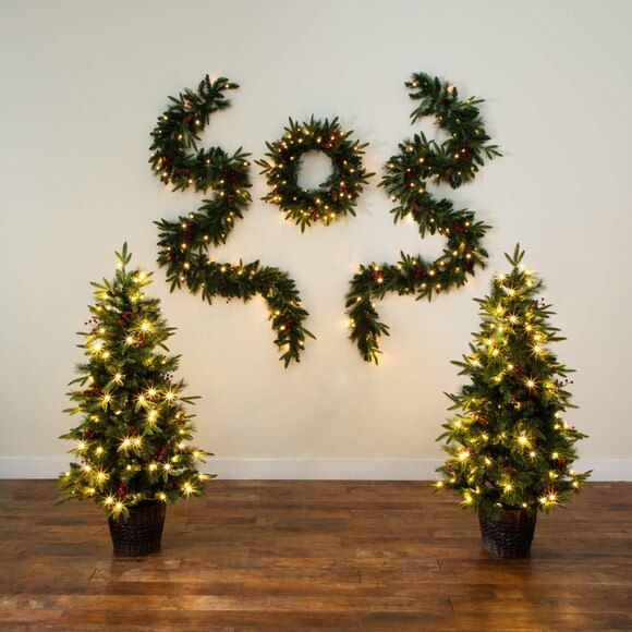 Pre-Lit Artificial Christmas Holiday 5 Piece Bundle with Pinecones Berries- Set of 2 5-ft Christmas Trees 24-in Wreath and set of 2 9-ft Garlands - SKU #T5392 - 11