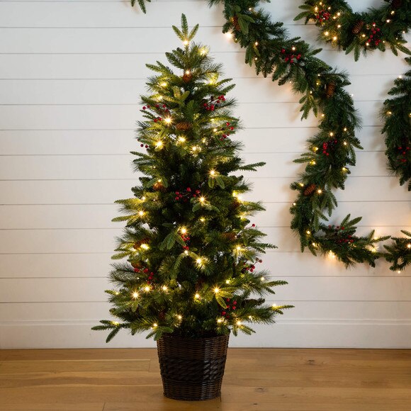 Pre-Lit Artificial Christmas Holiday 5 Piece Bundle with Pinecones Berries- Set of 2 5-ft Christmas Trees 24-in Wreath and set of 2 9-ft Garlands - SKU #T5392 - 12