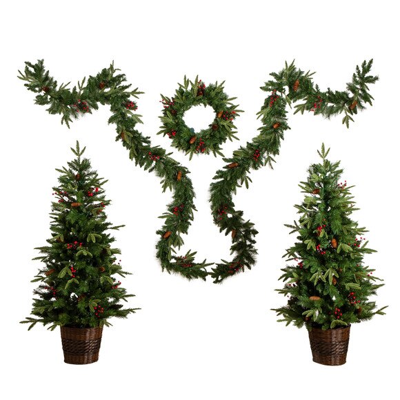 Pre-Lit Artificial Christmas Holiday 5 Piece Bundle with Pinecones Berries- Set of 2 5-ft Christmas Trees 24-in Wreath and set of 2 9-ft Garlands - SKU #T5392 - 13