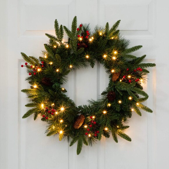 Pre-Lit Artificial Christmas Holiday 5 Piece Bundle with Pinecones Berries- Set of 2 5-ft Christmas Trees 24-in Wreath and set of 2 9-ft Garlands - SKU #T5392 - 14