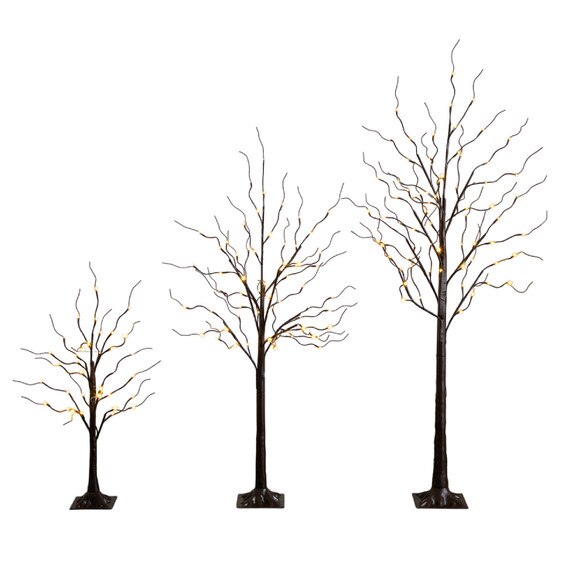 3-ft 5-ft 6-ft Artificial Brown Birch Trees with Warm White LED Lights - Set of 3 - SKU #T5395