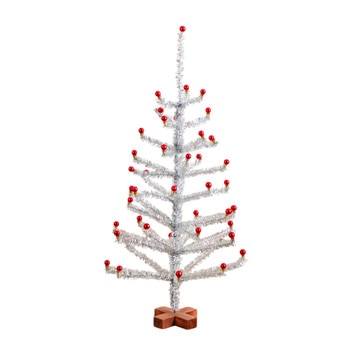 3-ft Artificial Retro Silver Tinsel Christmas Tree with 45 Red Mini Ornament Balls and Wooden Base - SKU #T5401