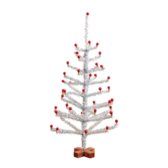 3-ft Artificial Retro Silver Tinsel Christmas Tree with 45 Red Mini Ornament Balls and Wooden Base - SKU #T5401