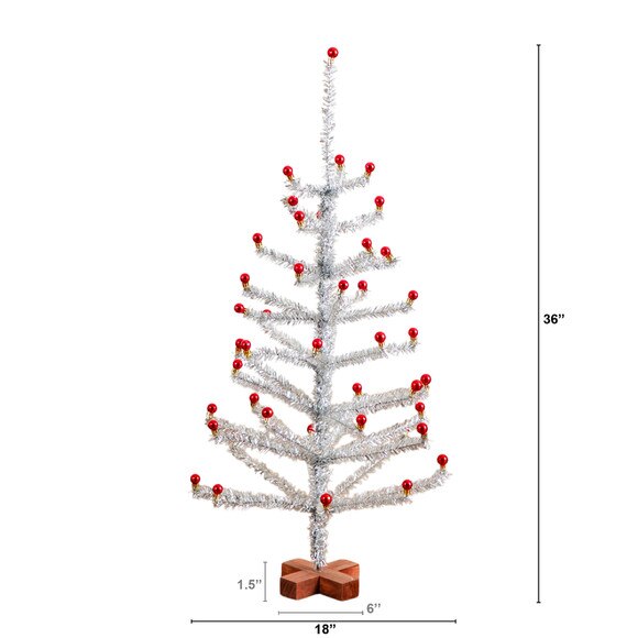 3-ft Artificial Retro Silver Tinsel Christmas Tree with 45 Red Mini Ornament Balls and Wooden Base - SKU #T5401 - 1