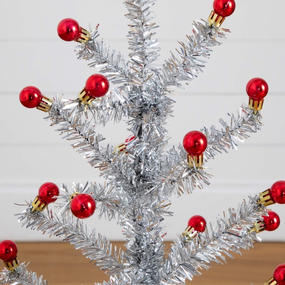 3-ft Artificial Retro Silver Tinsel Christmas Tree with 45 Red Mini Ornament Balls and Wooden Base - SKU #T5401 - 2