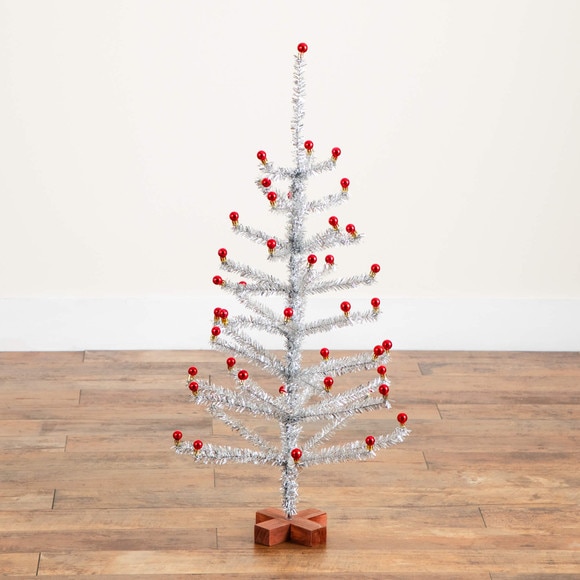 3-ft Artificial Retro Silver Tinsel Christmas Tree with 45 Red Mini Ornament Balls and Wooden Base - SKU #T5401 - 6