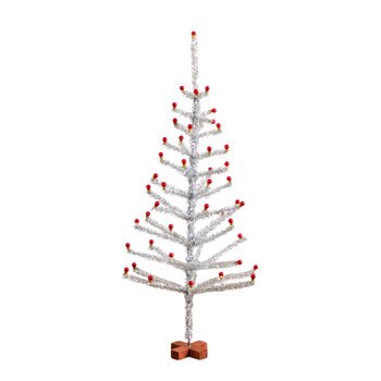 4-ft Artificial Retro Silver Tinsel Christmas Tree with 50 Red Mini Ornament Balls and Wooden Base - SKU #T5402