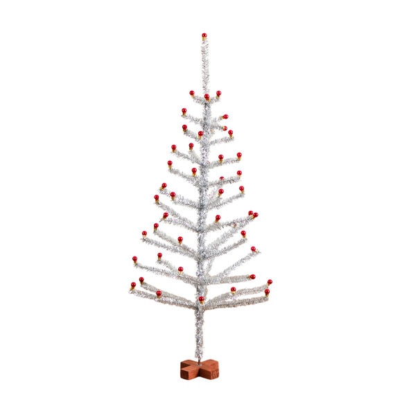 4-ft Artificial Retro Silver Tinsel Christmas Tree with 50 Red Mini Ornament Balls and Wooden Base - SKU #T5402