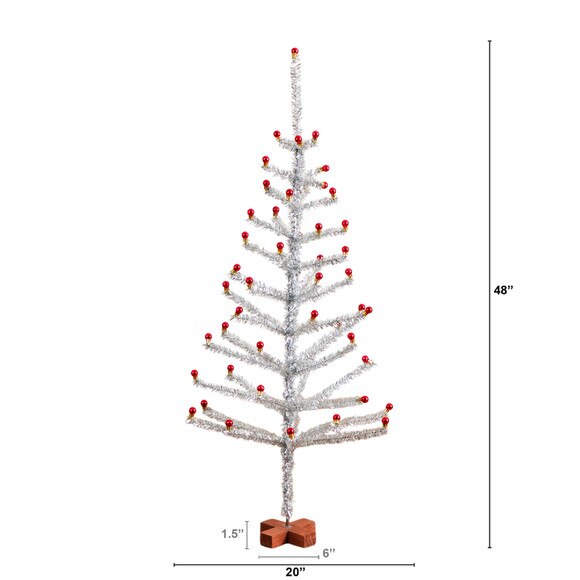 4-ft Artificial Retro Silver Tinsel Christmas Tree with 50 Red Mini Ornament Balls and Wooden Base - SKU #T5402 - 1