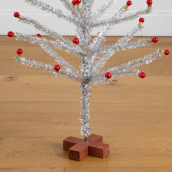 4-ft Artificial Retro Silver Tinsel Christmas Tree with 50 Red Mini Ornament Balls and Wooden Base - SKU #T5402 - 4