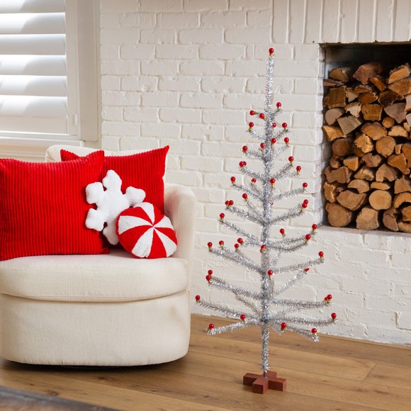4-ft Artificial Retro Silver Tinsel Christmas Tree with 50 Red Mini Ornament Balls and Wooden Base - SKU #T5402 - 5
