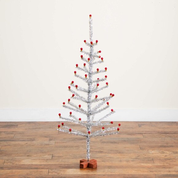 4-ft Artificial Retro Silver Tinsel Christmas Tree with 50 Red Mini Ornament Balls and Wooden Base - SKU #T5402 - 6