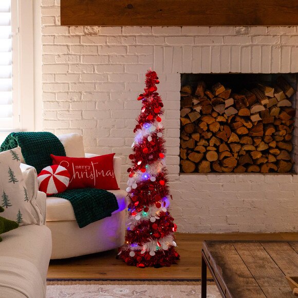 4-ft Pre-Lit Pop up Red White Tinsel Christmas Tree with 50 Mutlicolored LED Lights - SKU #T5408 - 16