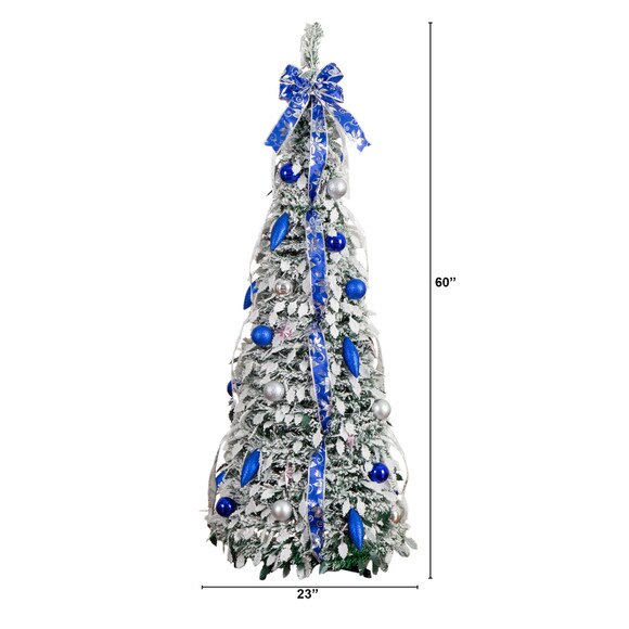 5-ft Pre-Lit Artificial Pop Up Flocked Christmas Tree with Silver Blue Ornaments Ribbons and 100 Warm White LED Lights - SKU #T5413 - 1