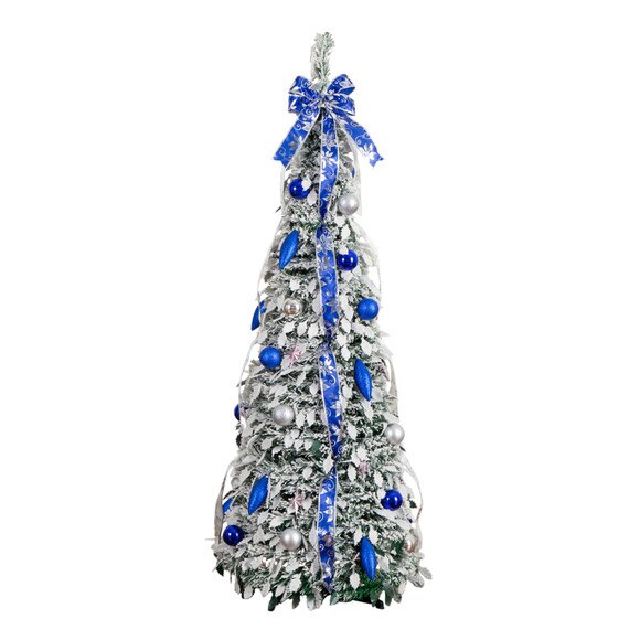5-ft Pre-Lit Artificial Pop Up Flocked Christmas Tree with Silver Blue Ornaments Ribbons and 100 Warm White LED Lights - SKU #T5413 - 2