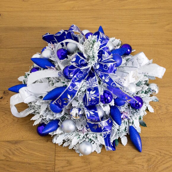 5-ft Pre-Lit Artificial Pop Up Flocked Christmas Tree with Silver Blue Ornaments Ribbons and 100 Warm White LED Lights - SKU #T5413 - 6