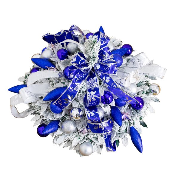 5-ft Pre-Lit Artificial Pop Up Flocked Christmas Tree with Silver Blue Ornaments Ribbons and 100 Warm White LED Lights - SKU #T5413 - 7
