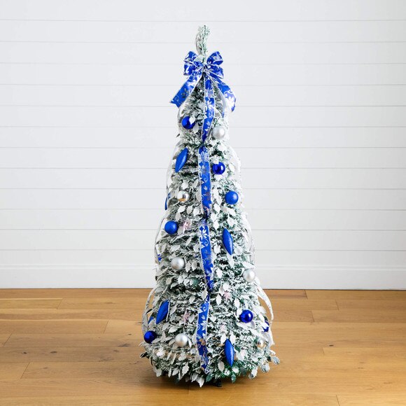 5-ft Pre-Lit Artificial Pop Up Flocked Christmas Tree with Silver Blue Ornaments Ribbons and 100 Warm White LED Lights - SKU #T5413 - 15